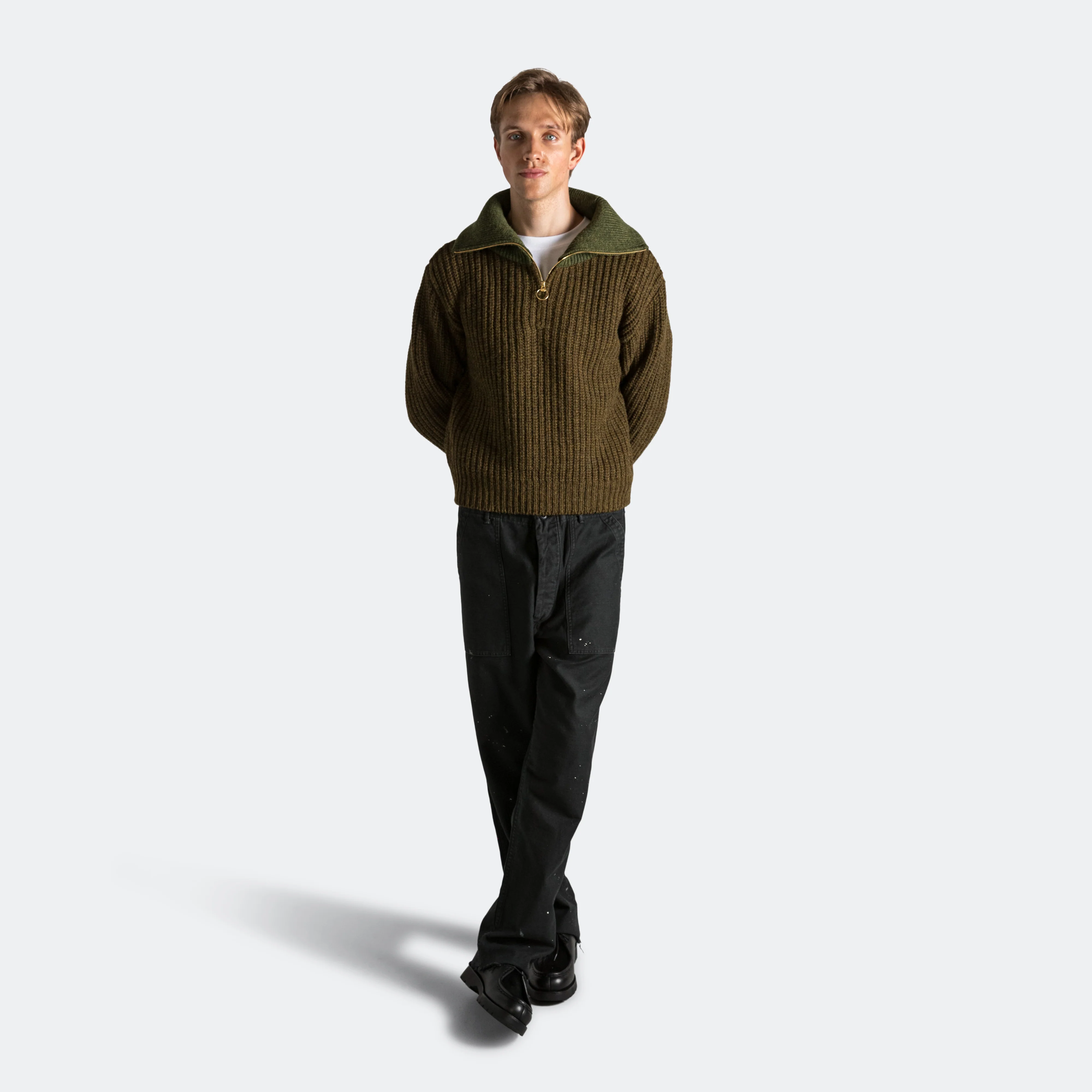 3G Wool Cable Knit ZIP UP Pullover - Khaki - Image 11