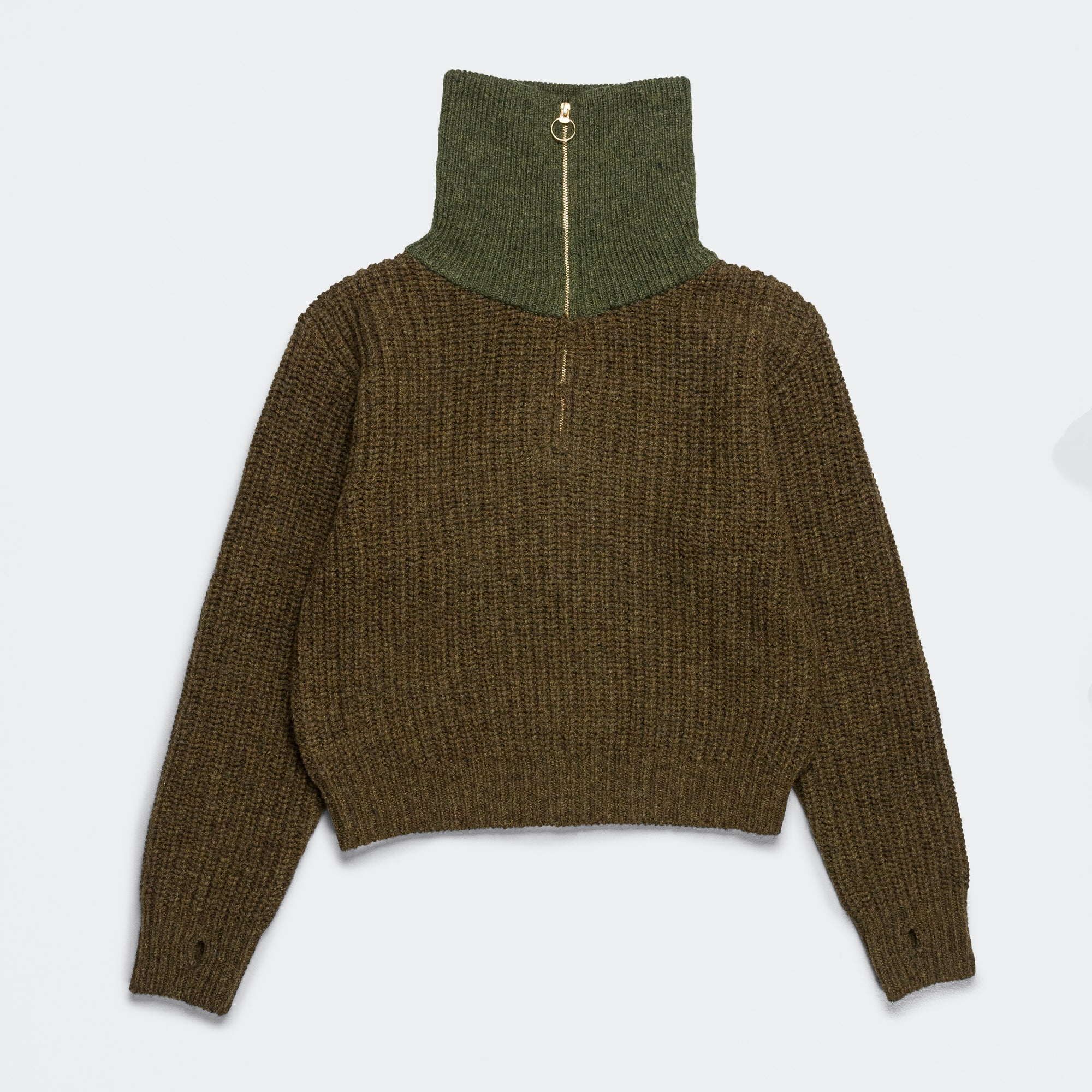 3G Wool Cable Knit ZIP UP Pullover - Khaki - Image 3