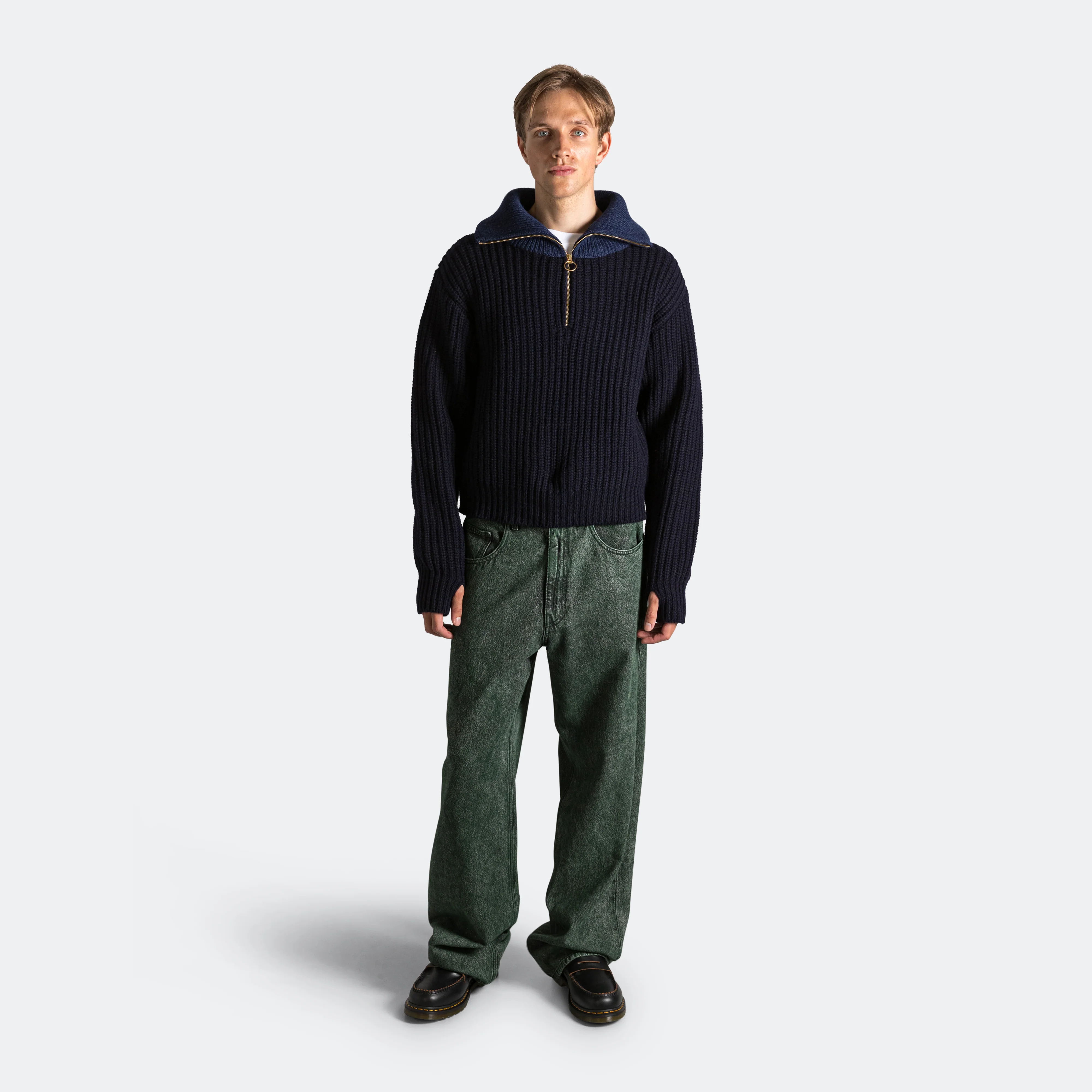 3G Wool Cable Knit ZIP UP Pullover - Navy - Image 11