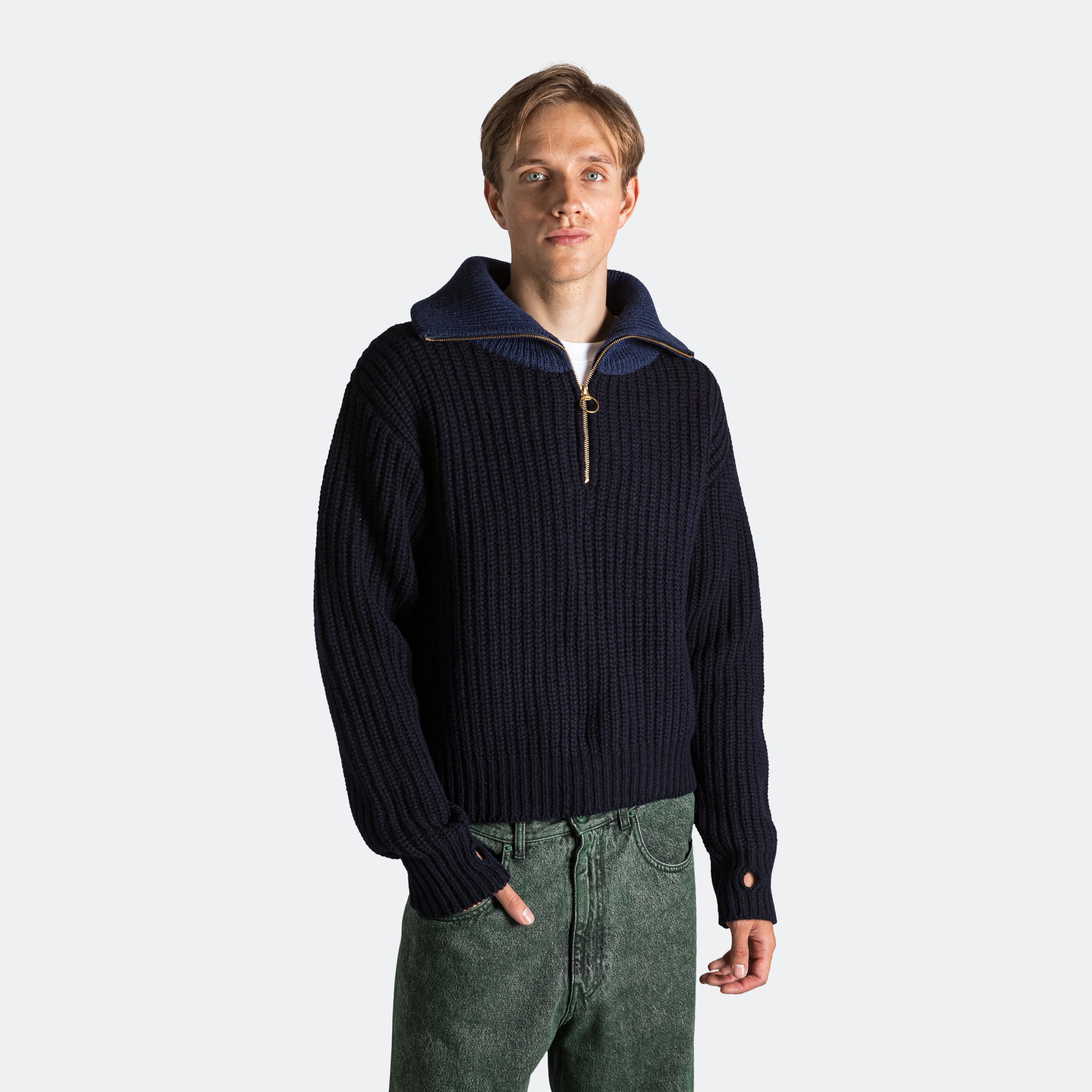 3G Wool Cable Knit ZIP UP Pullover - Navy - Image 2