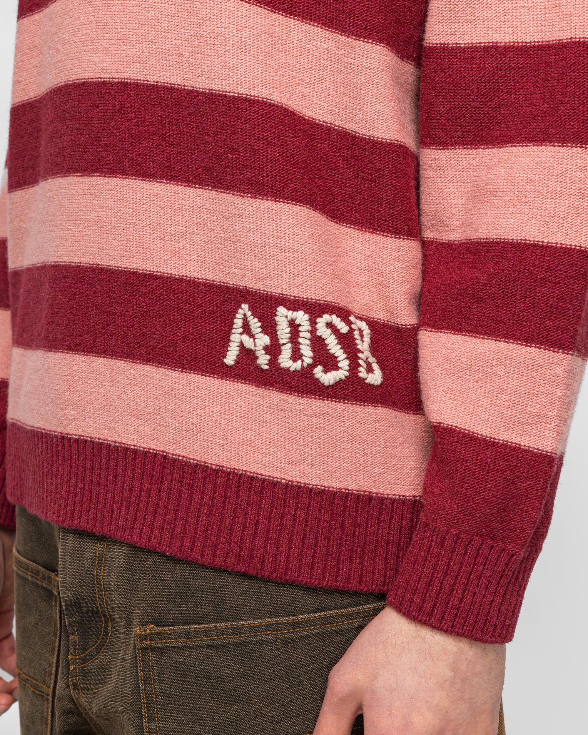 Loose-Fit Stripe Collar Sweater - Pink/Red White - Image 5
