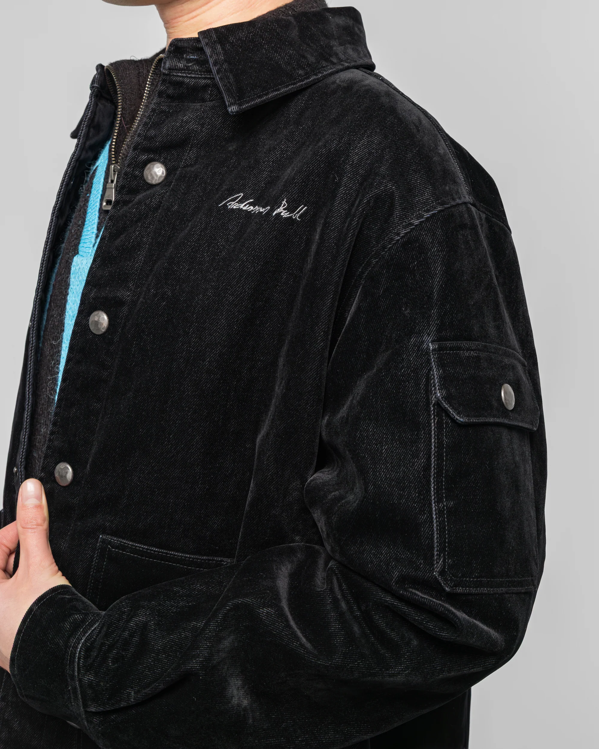 Padded Velvet Denim Shirt - Black - Image 4