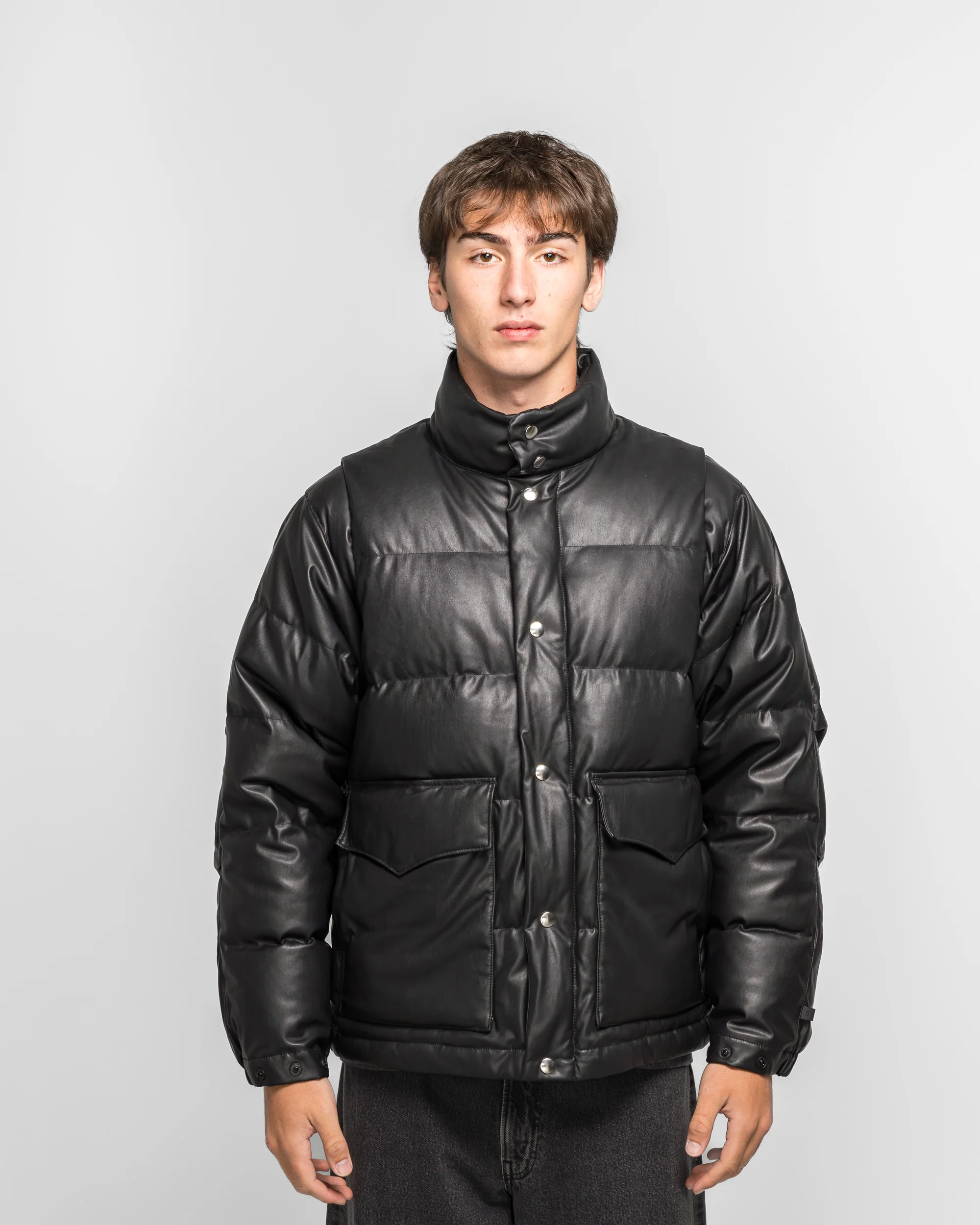 Tech 2WAY Leather Like Down Jacket - Black - Image 2