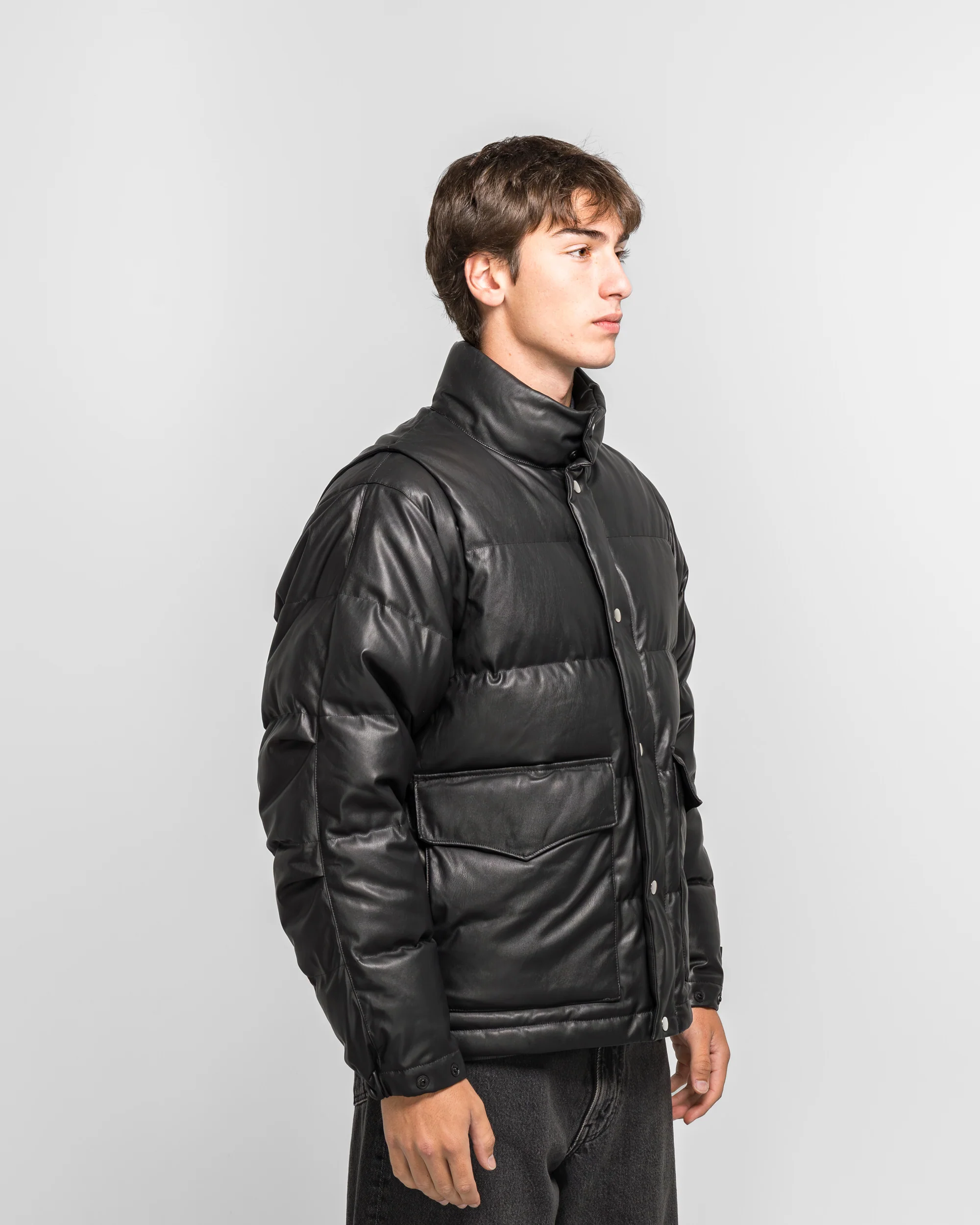 Tech 2WAY Leather Like Down Jacket - Black - Image 3
