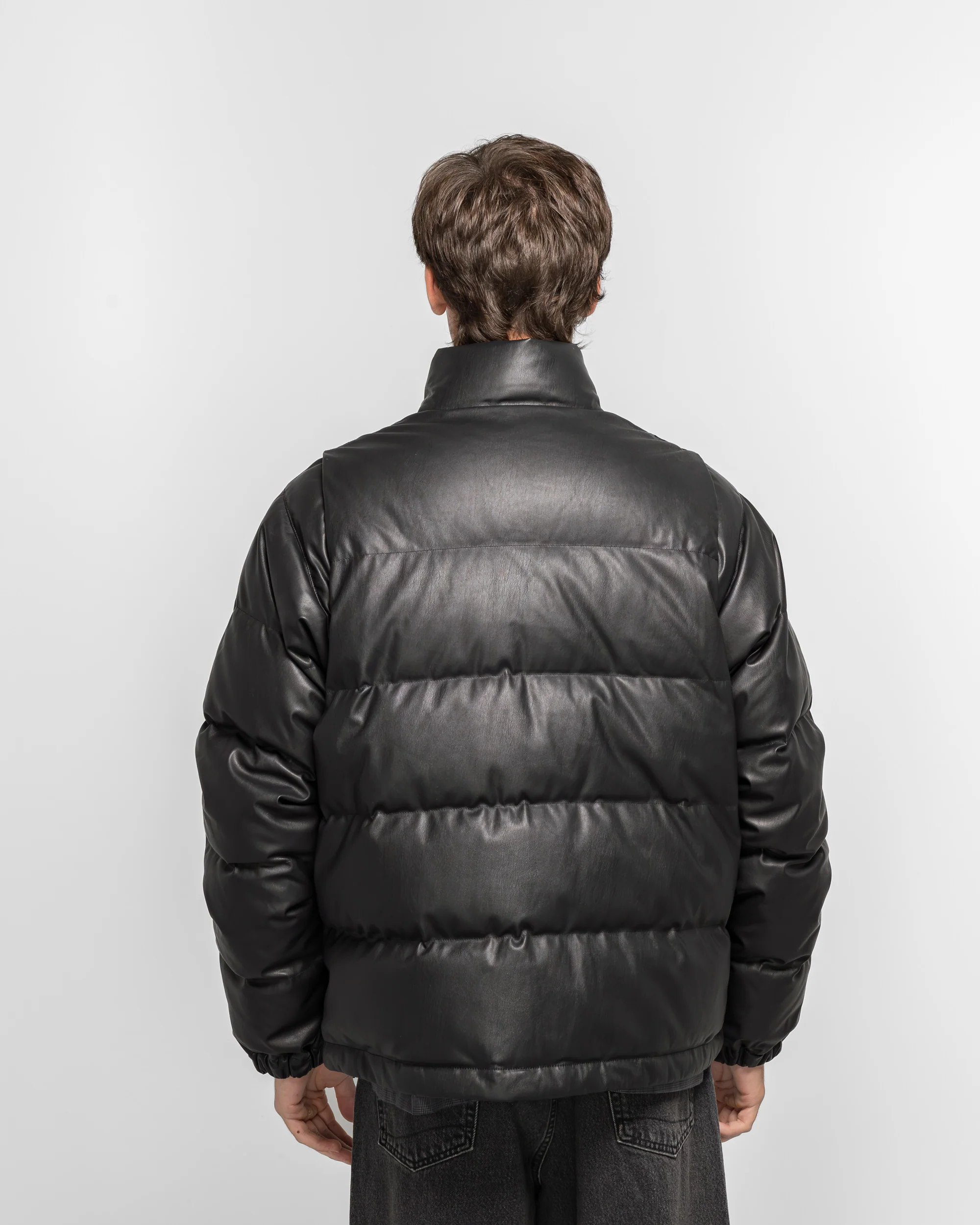 Tech 2WAY Leather Like Down Jacket - Black - Image 4