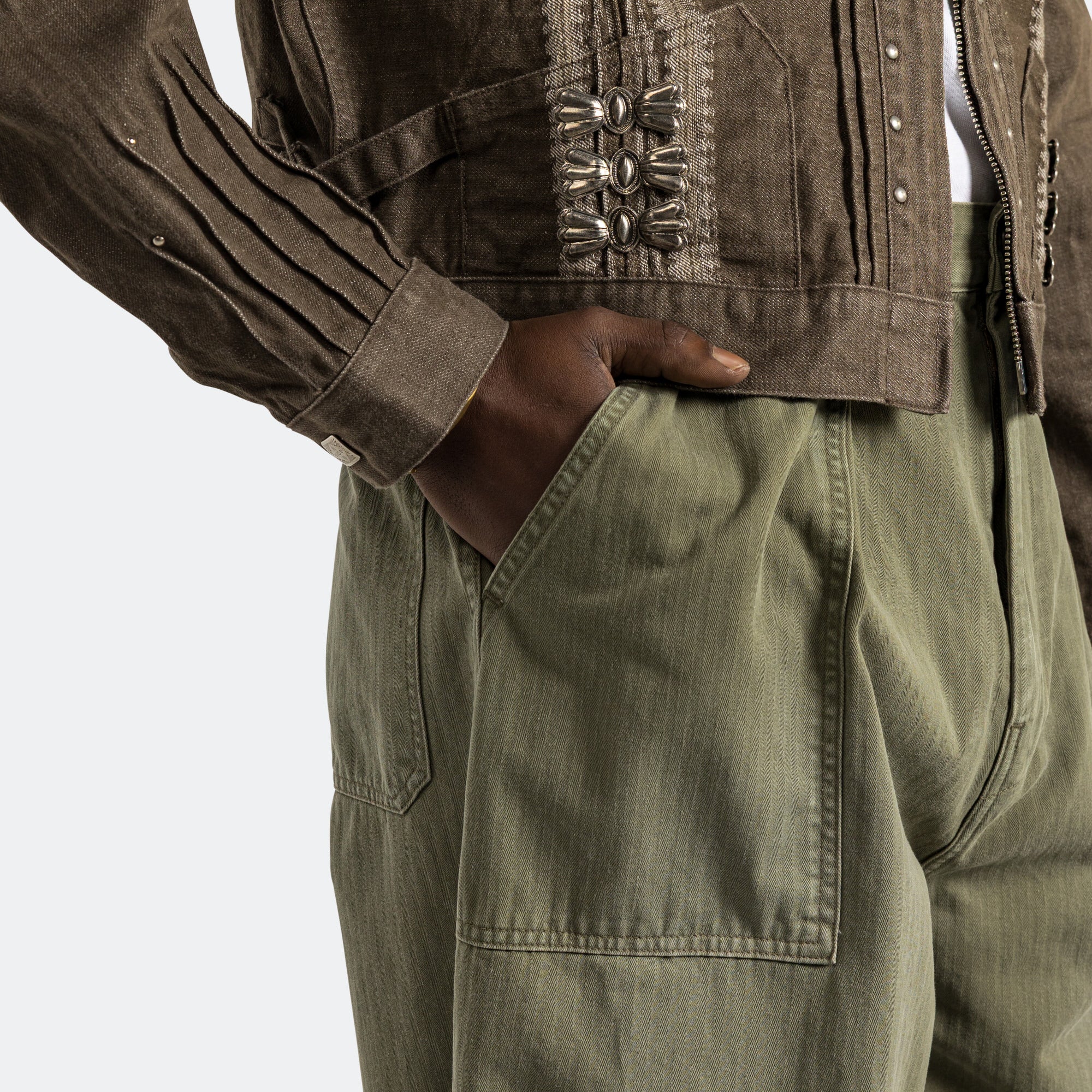 Herringbone FATIGUE Baggy Pants - Khaki - Image 12