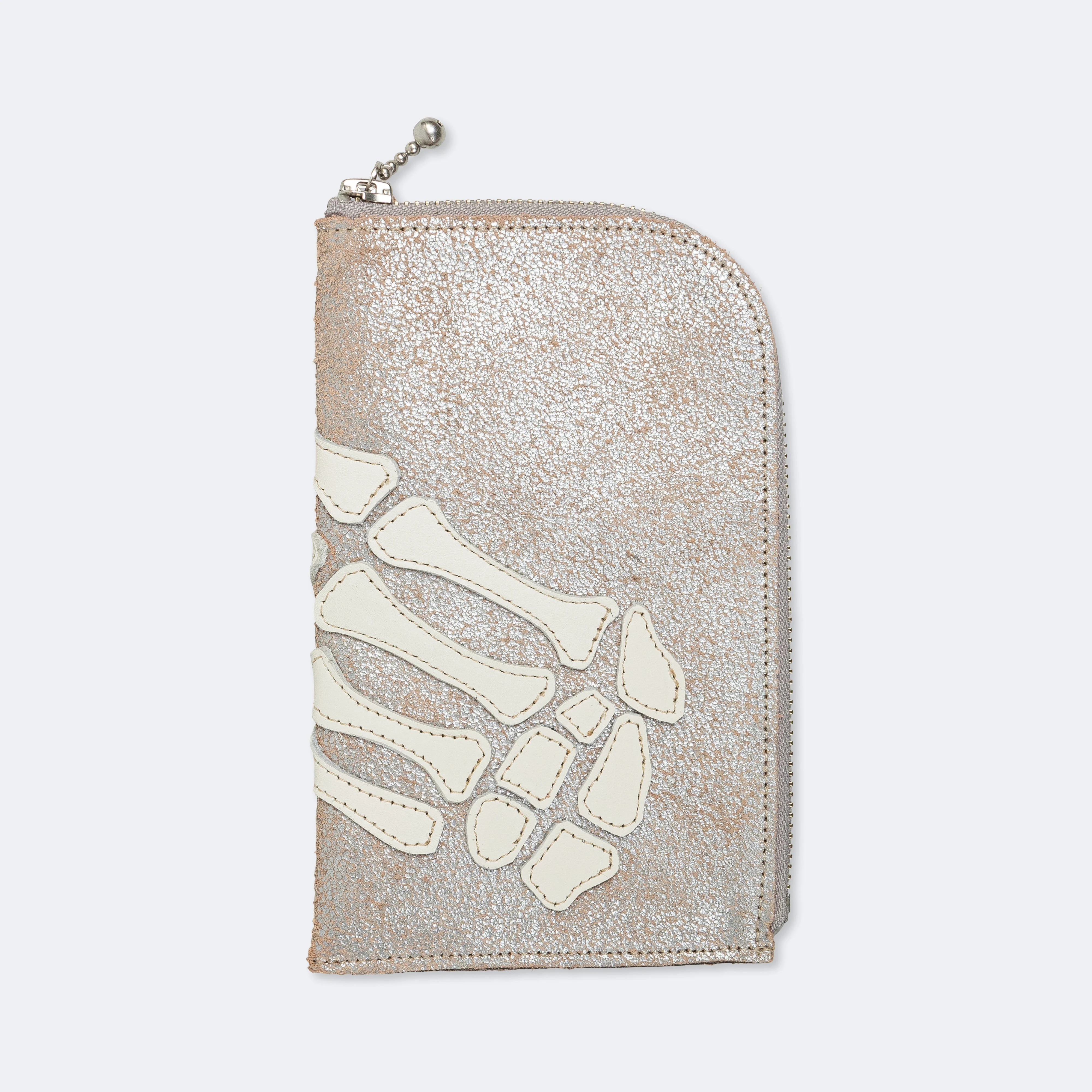 Crack Leather THUMBS-UP BONE HAND ZIP Neck Pouch - Silver - Image 2