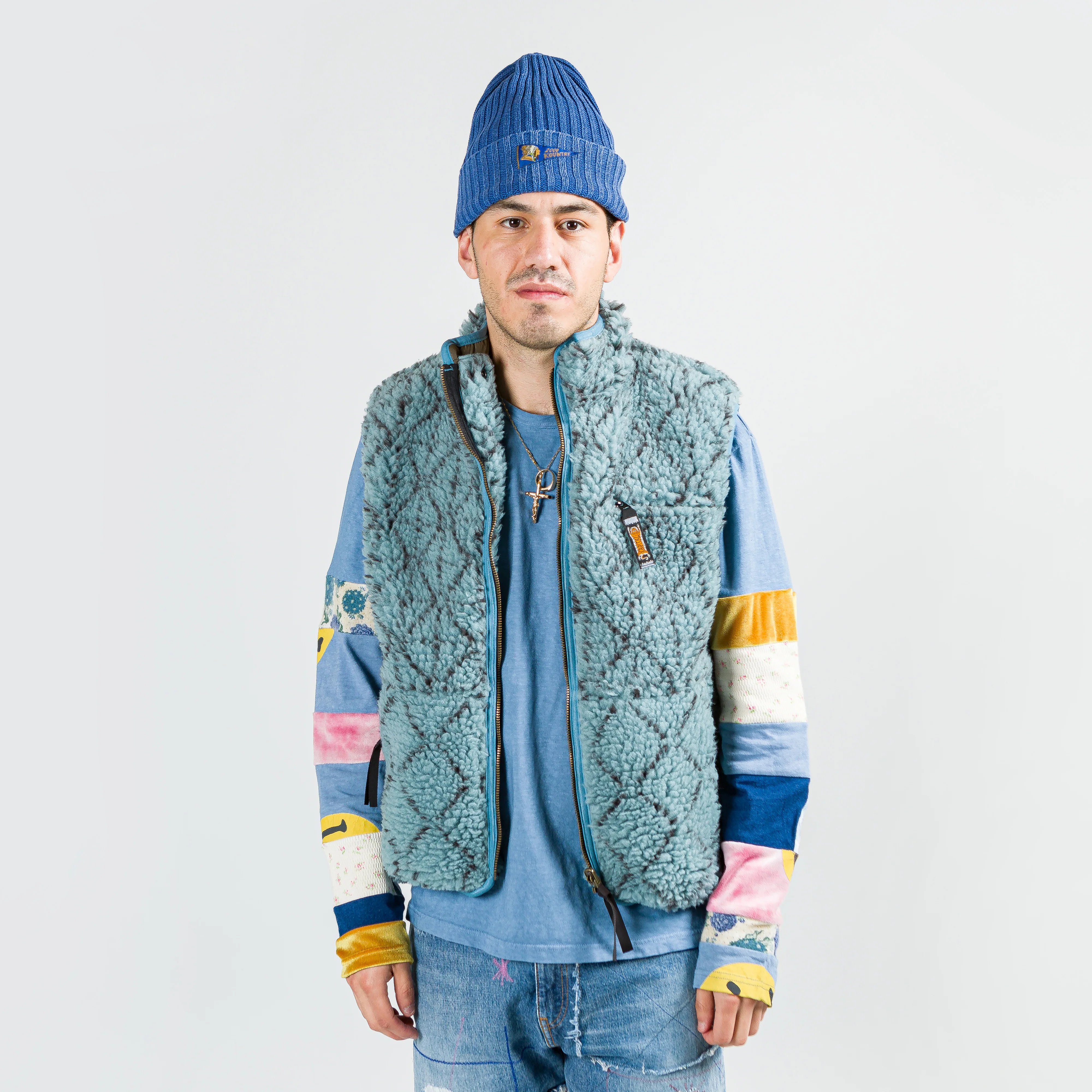 DO-GI SASHIKO Boa Fleece Reversible Vest - Blue - Image 8