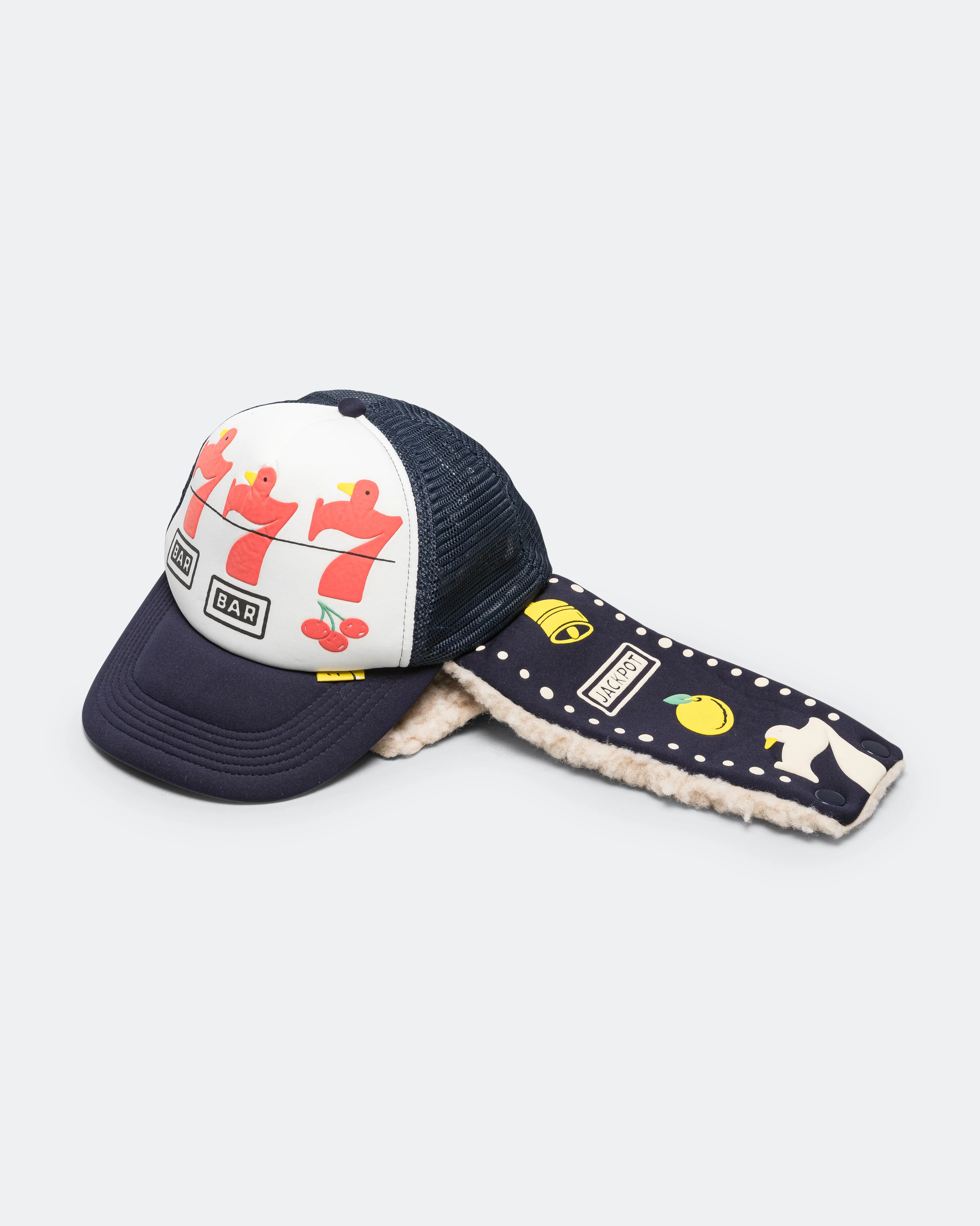 Lucky Bird LUMBER Trucker Cap - White/Navy - Image 2