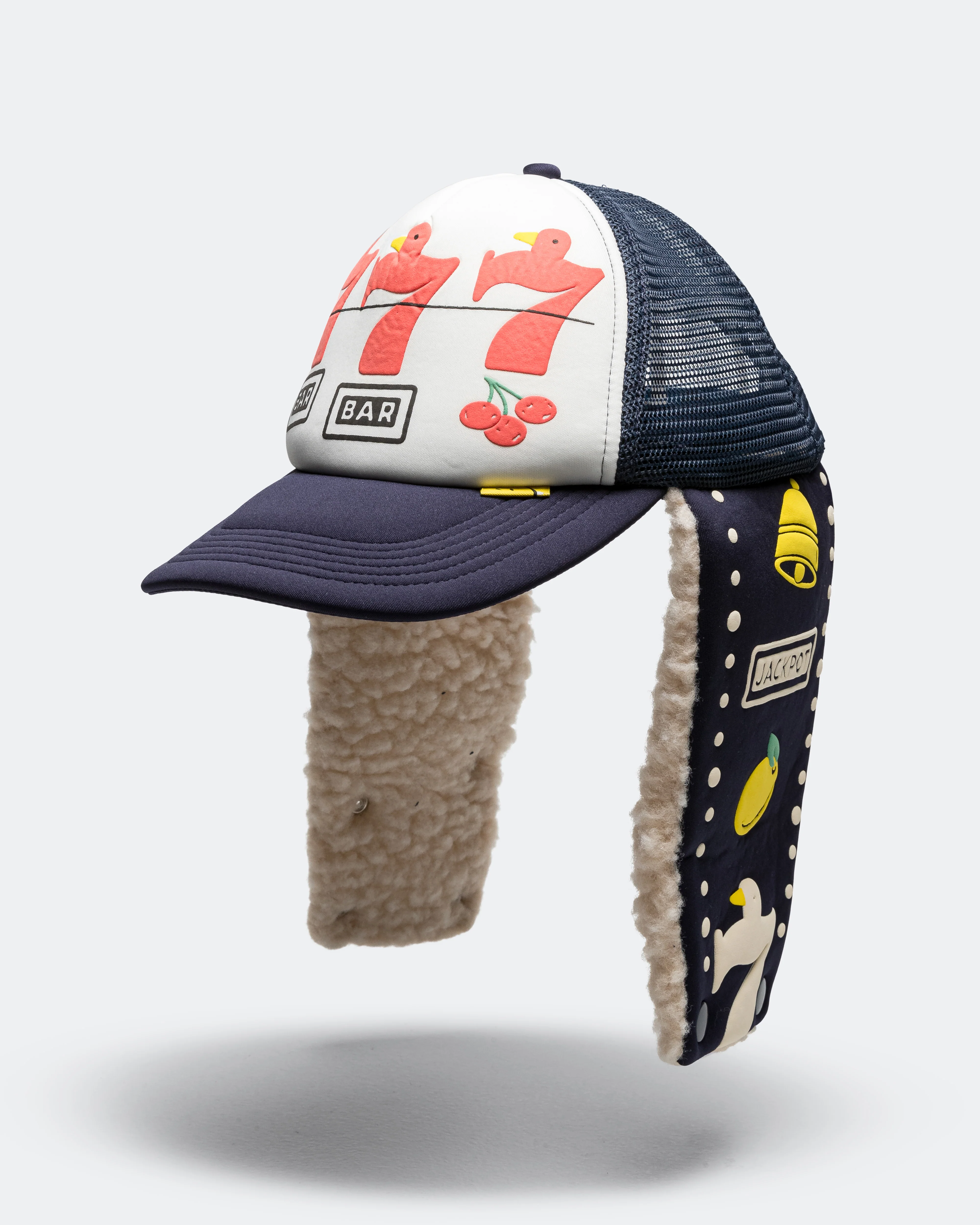 Lucky Bird LUMBER Trucker Cap - White/Navy - Image 3