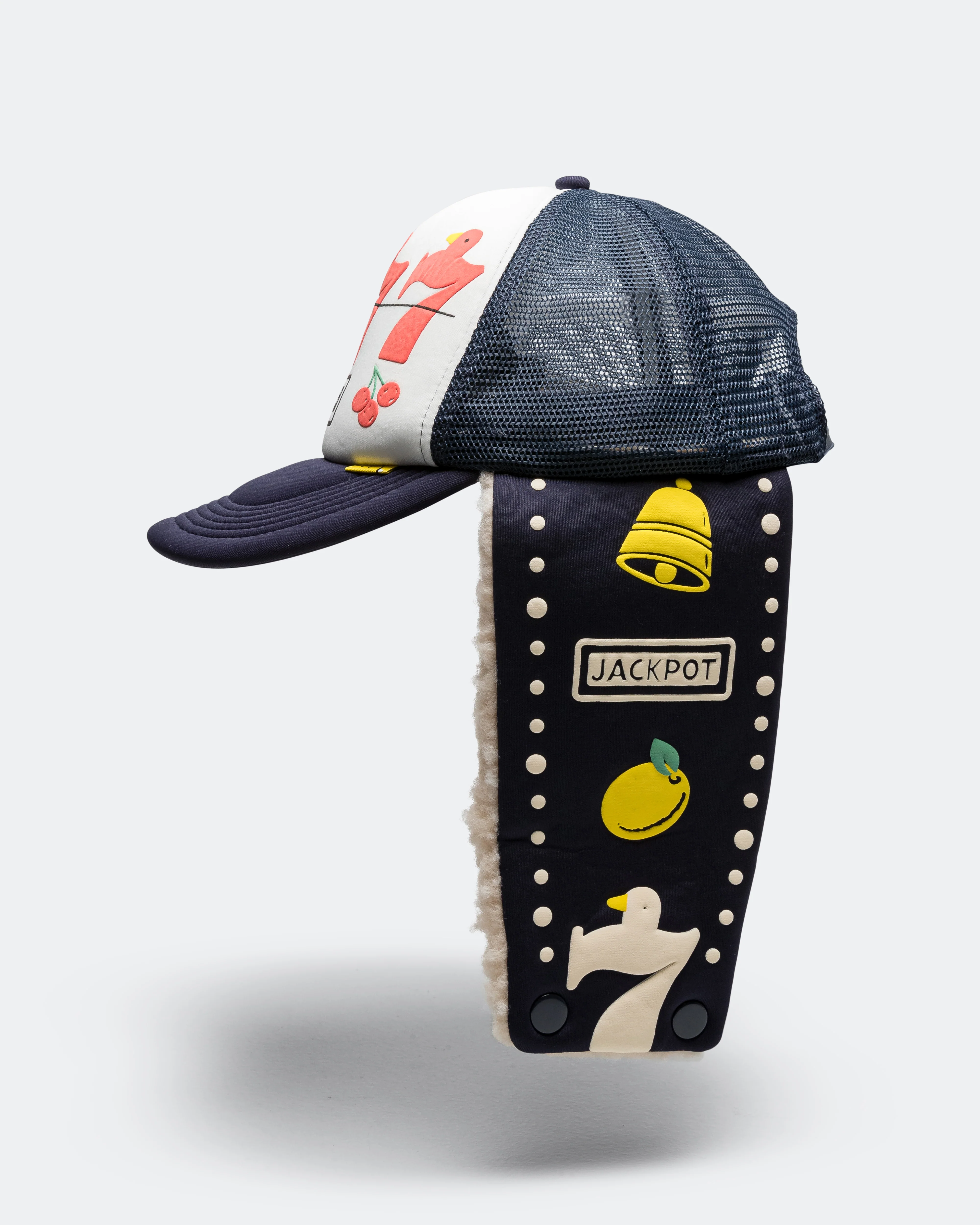 Lucky Bird LUMBER Trucker Cap - White/Navy - Image 4