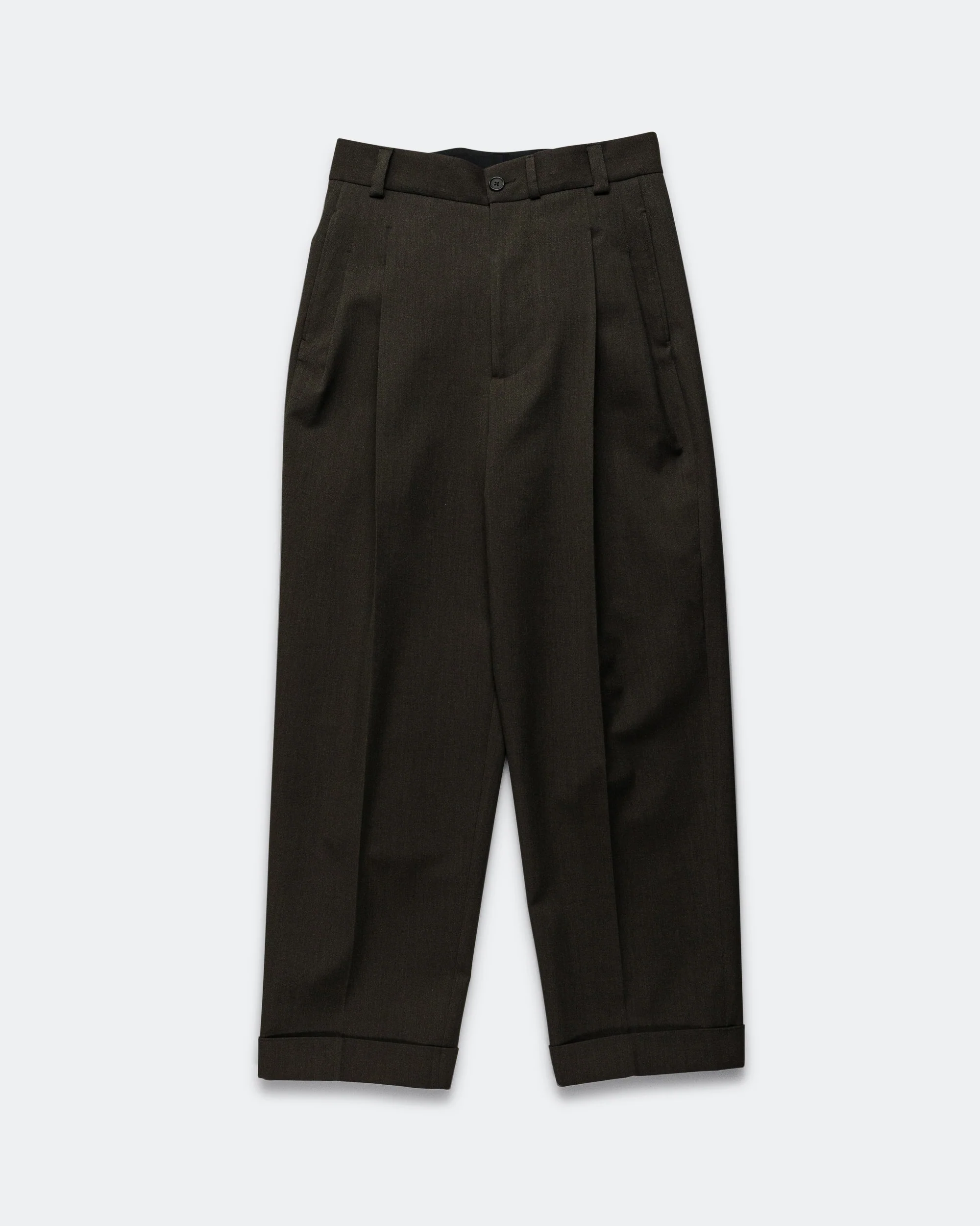 Stitch Pleat Trousers - Khaki Brown Compact Wool Serge