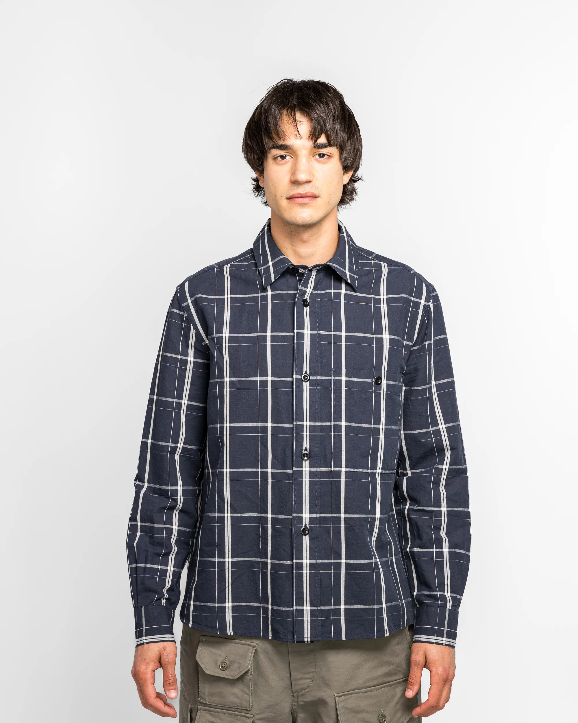 Overall Shirt - Blue/Off White Graphic Check Cotton Linen Slate - Image 2