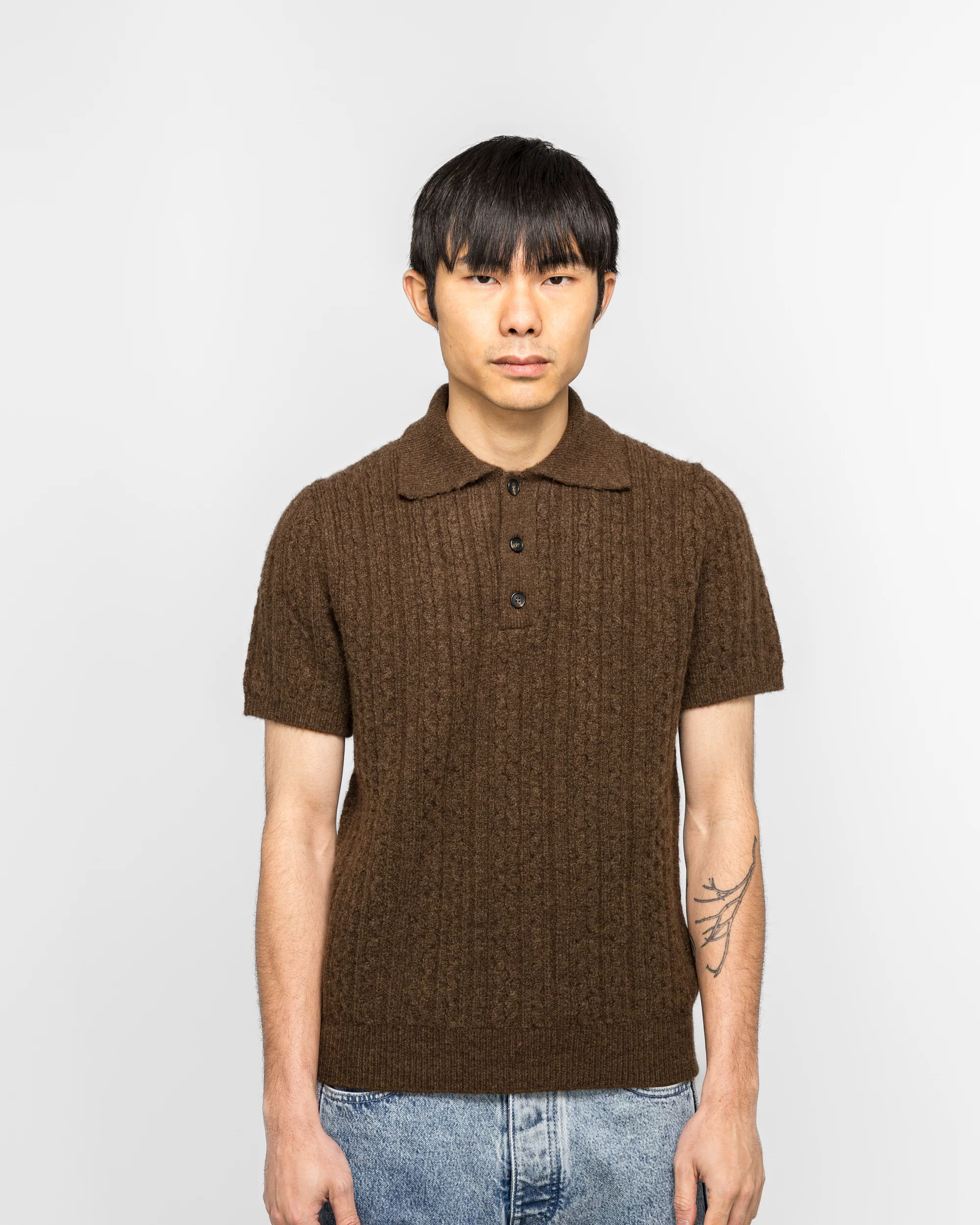Cable 7G Knit Polo Shirt - Brown - Image 2
