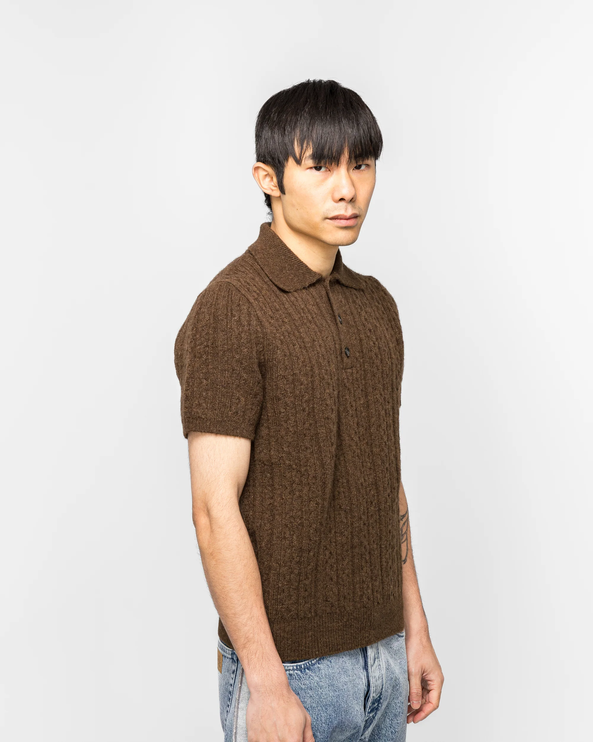 Cable 7G Knit Polo Shirt - Brown - Image 3