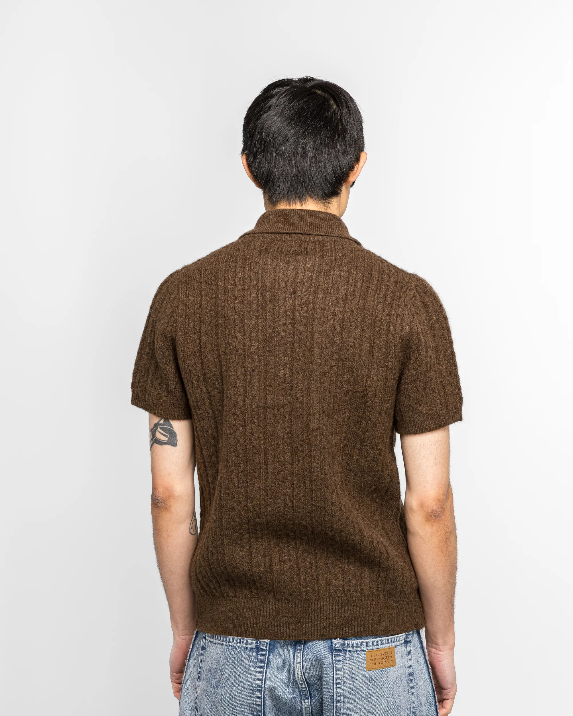 Cable 7G Knit Polo Shirt - Brown - Image 4