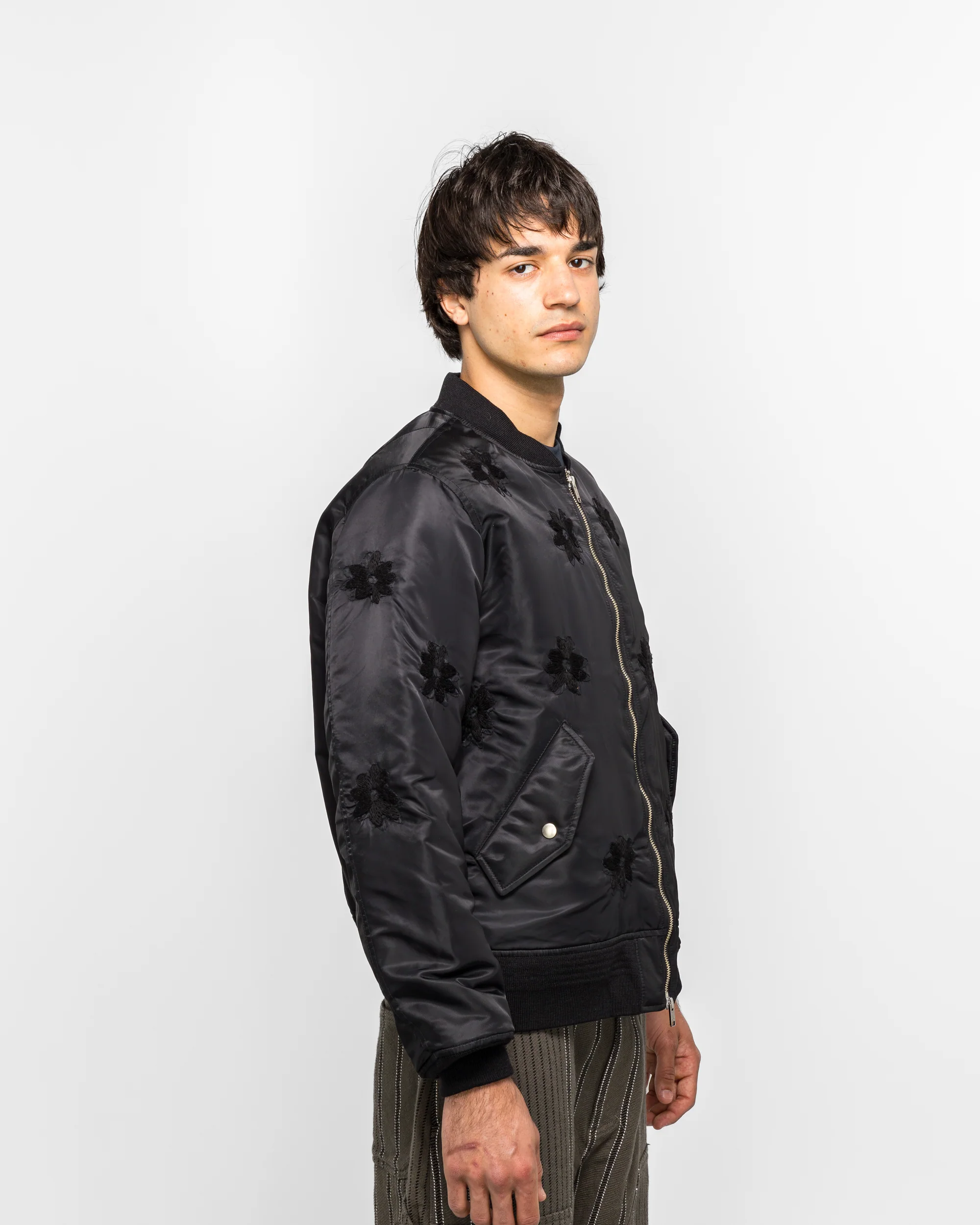 Flower Embroidery Flight Jacket - Black - Image 3