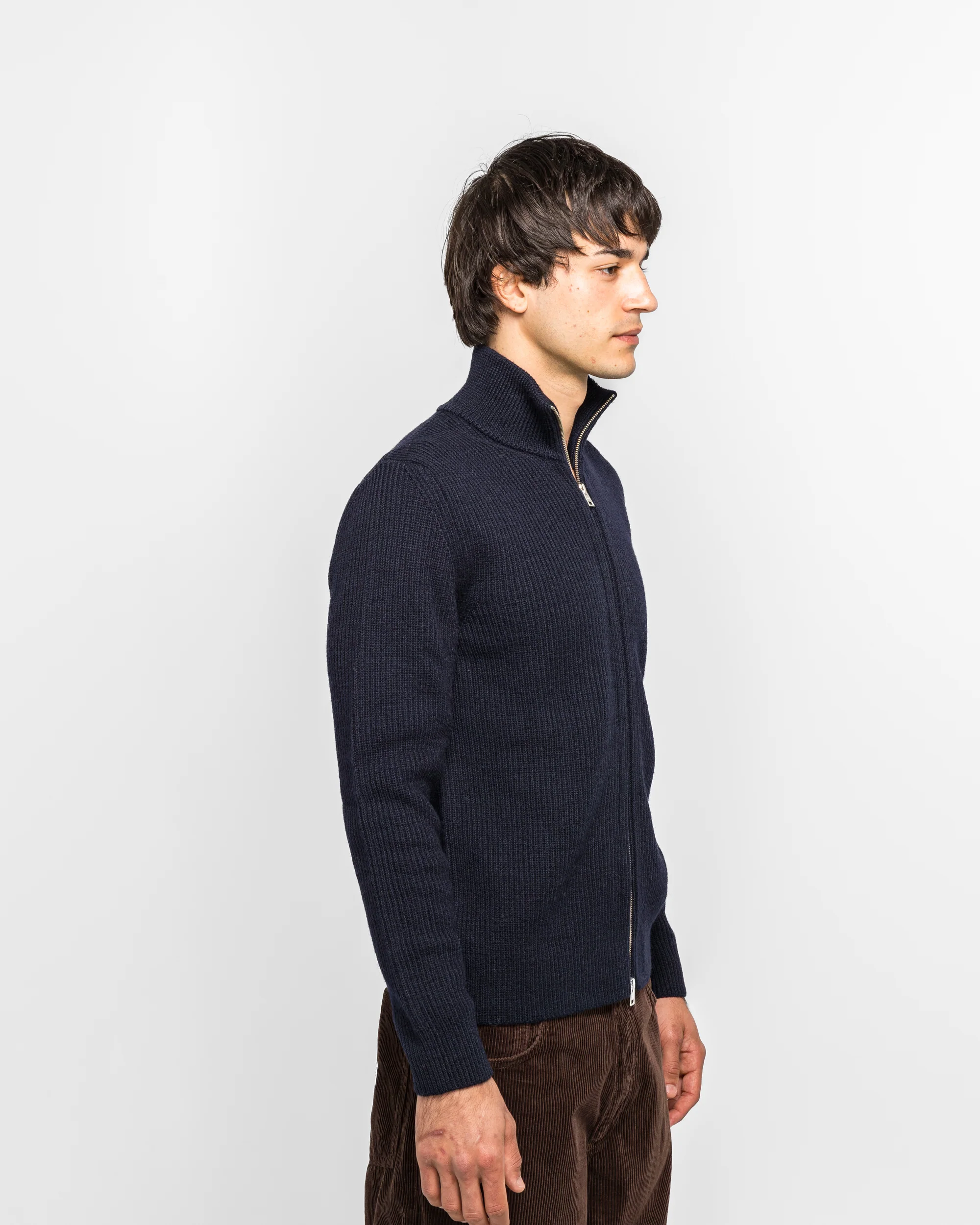 Hagen Wool Cotton Rib Full Zip Jacket - Dark Navy - Image 3