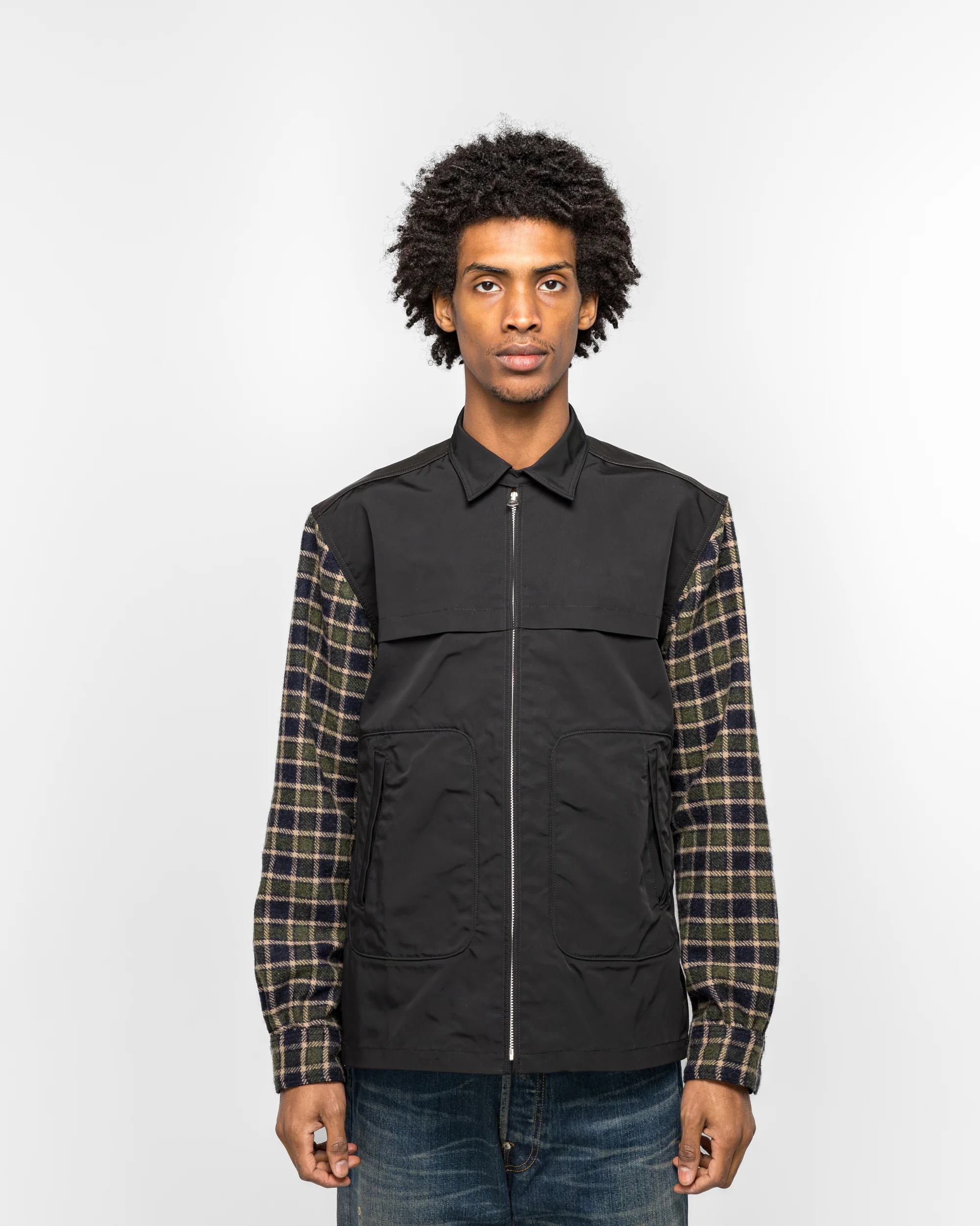 Polyester Oxford Wool Check Leather Shirt - Green/Black - Image 2