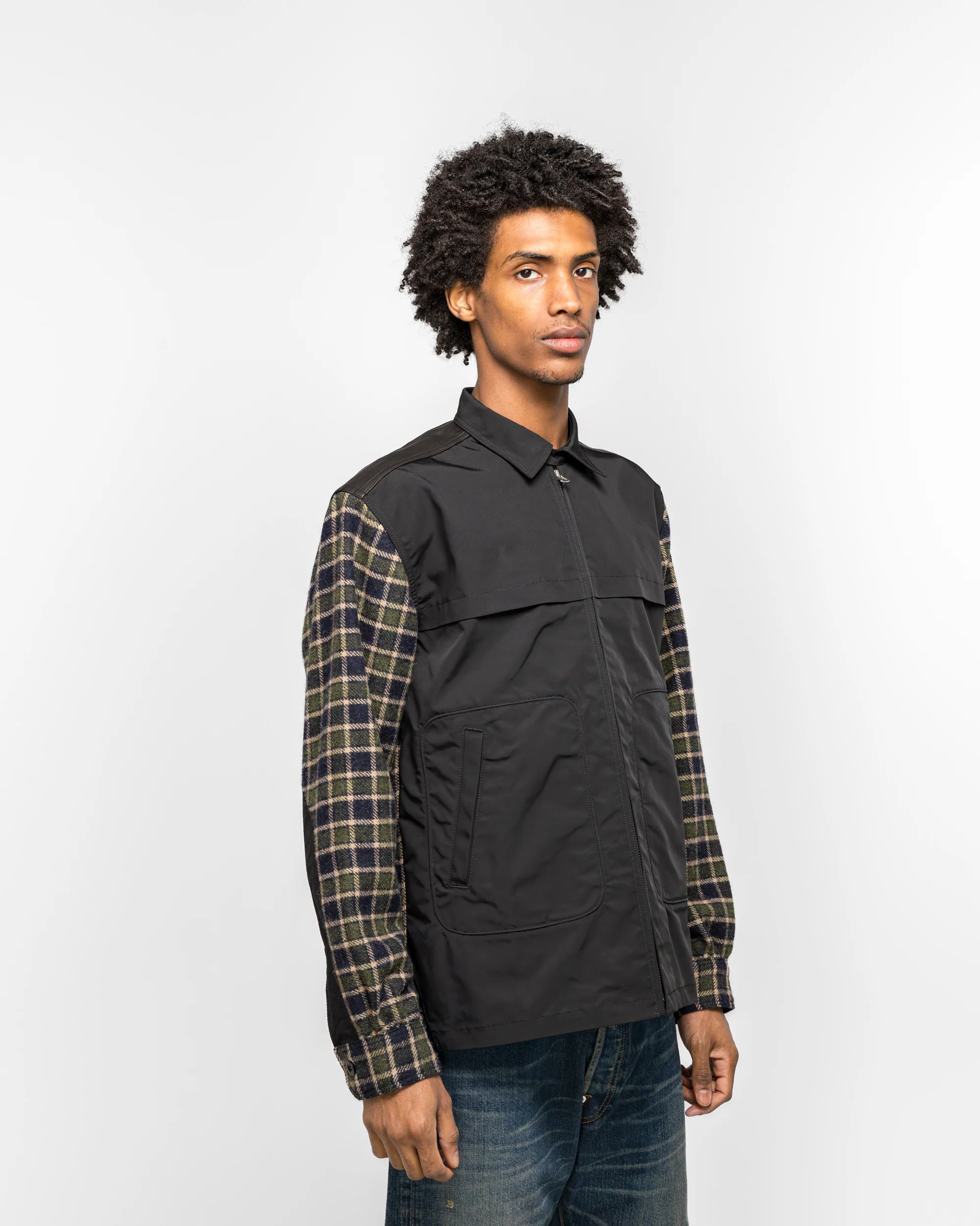 Polyester Oxford Wool Check Leather Shirt - Green/Black - Image 3