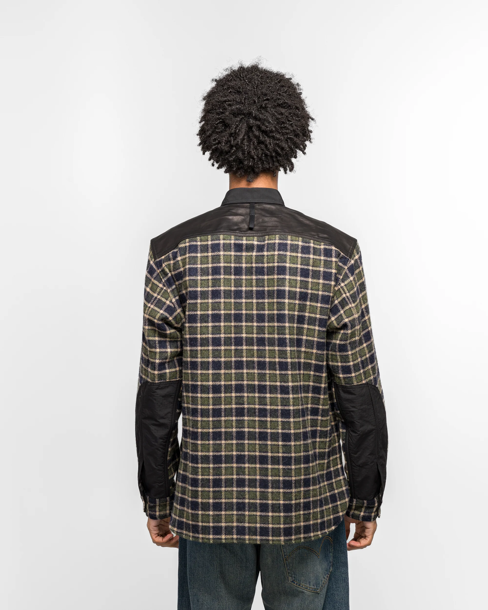 Polyester Oxford Wool Check Leather Shirt - Green/Black - Image 4