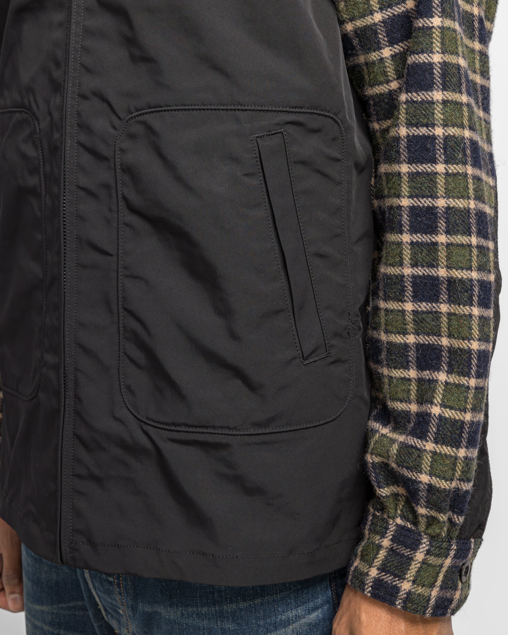 Polyester Oxford Wool Check Leather Shirt - Green/Black - Image 6