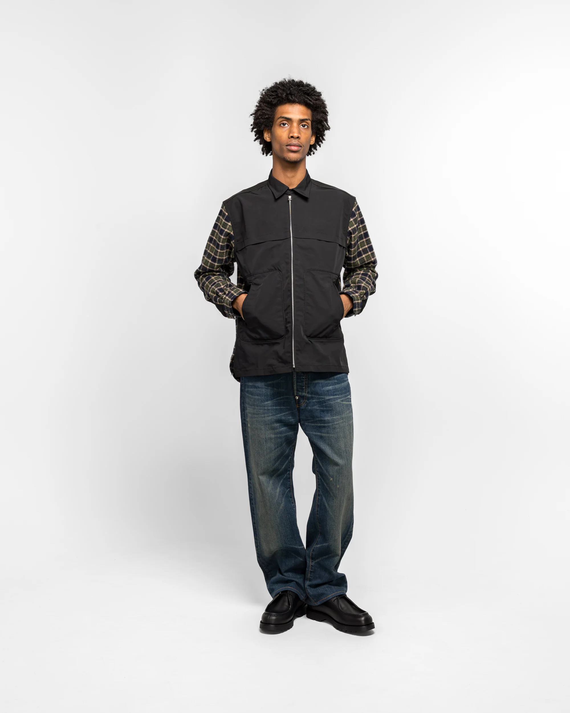 Polyester Oxford Wool Check Leather Shirt - Green/Black - Image 7