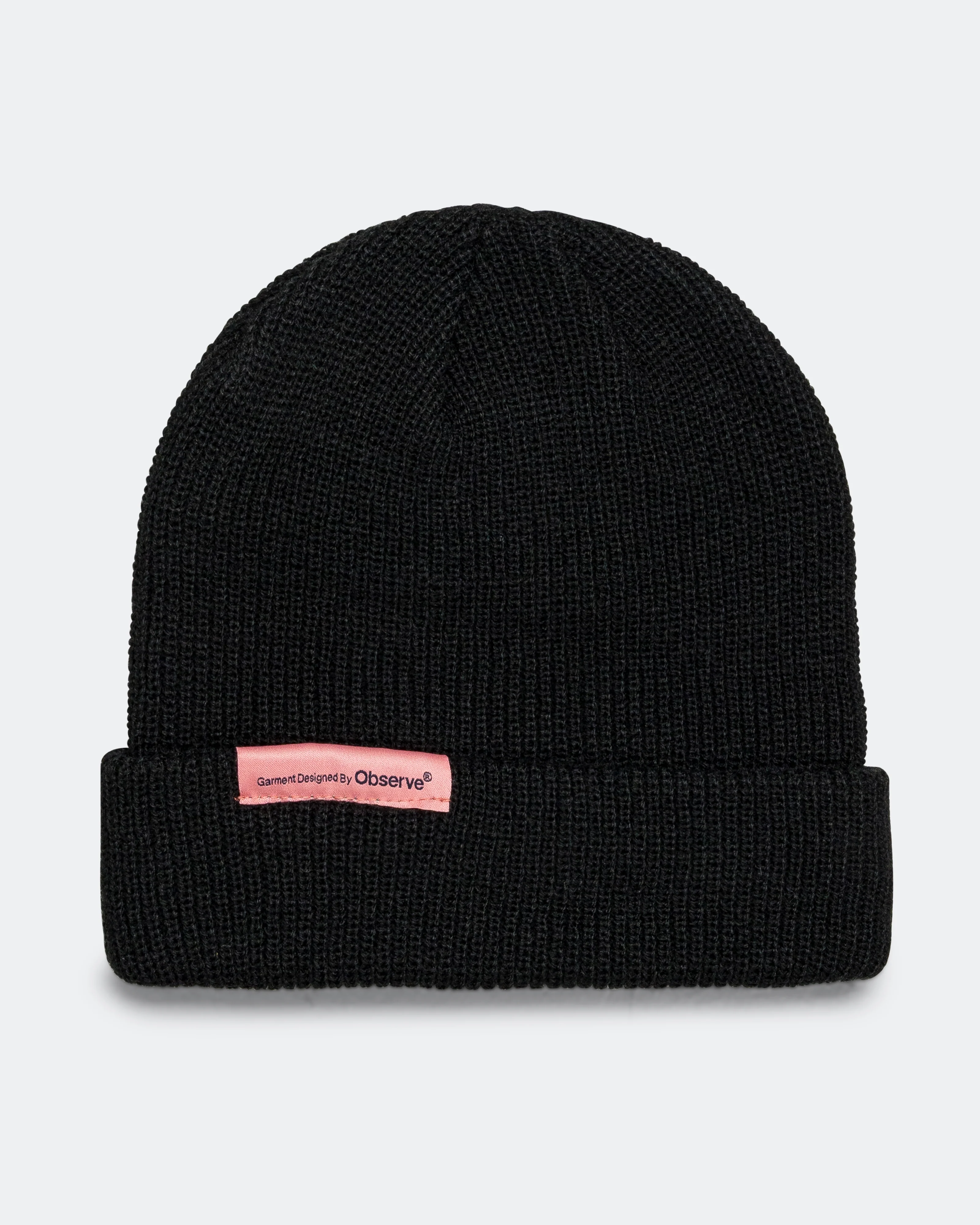 Ribbed Knit Label Beanie - Black