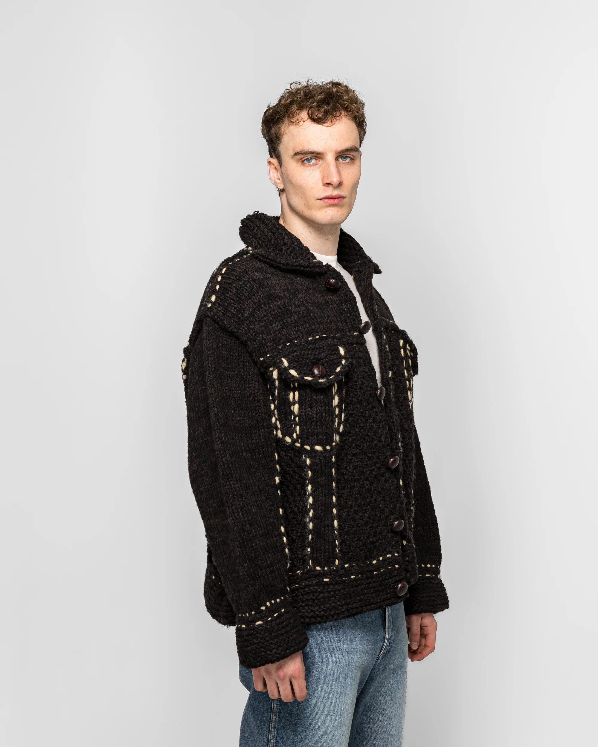 Wool Hand Knit Cowichan G-JACKET - Black - Image 3