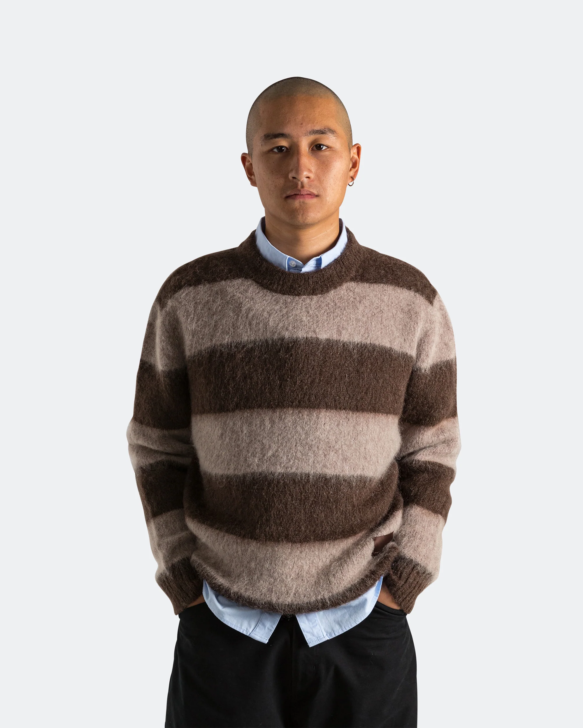 Wool Mohair Stripe Knit Sweater - Mocha - Image 2